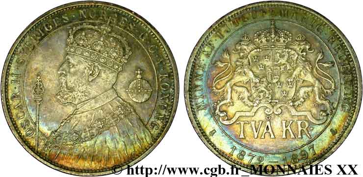 SUÈDE - ROYAUME DE SUÈDE - OSCAR II 2 kronor, 25 ans de règne 1897 Stockholm fST 