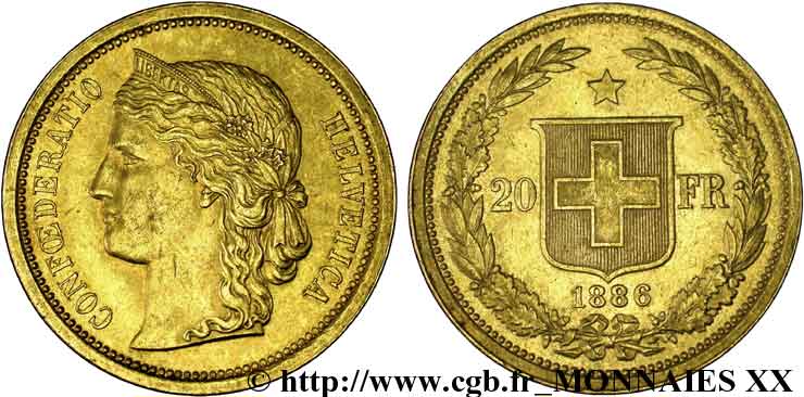 SWITZERLAND - HELVETIC CONFEDERATION 20 francs or 1886 Berne VZ 