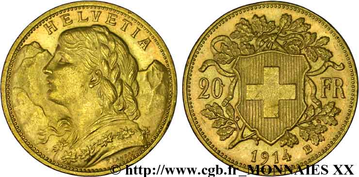 SWITZERLAND - CONFEDERATION OF HELVETIA 20 francs or  Vreneli  1914 Berne AU 