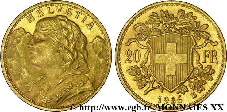 SWITZERLAND - HELVETIC CONFEDERATION 20 francs or  Vreneli  1926 Berne AU 