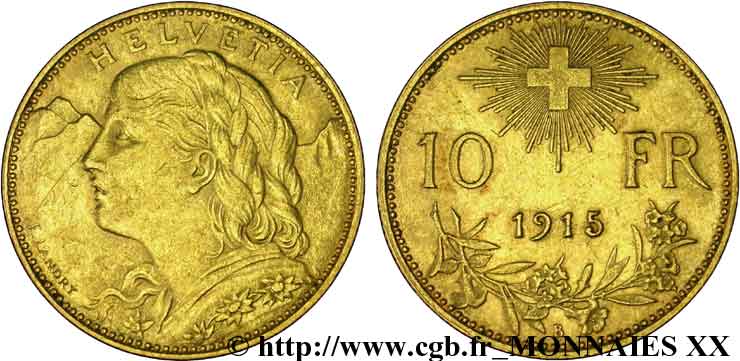 SWITZERLAND - CONFEDERATION OF HELVETIA 10 francs or  Vreneli  1915 Berne XF 
