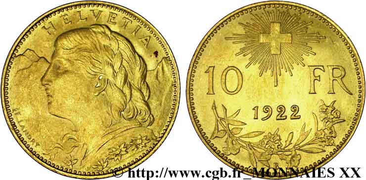SWITZERLAND - HELVETIC CONFEDERATION 10 Francs or  Vreneli  1922 Berne VZ 