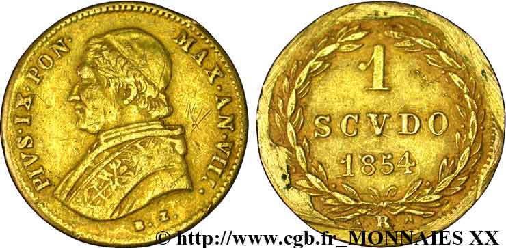 ITALY - PAPAL STATES - PIUS IX (Giovanni Maria Mastai Ferretti) 1 scudo or 1854 Rome VF 