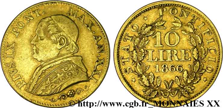 ITALY - PAPAL STATES - PIUS IX (Giovanni Maria Mastai Ferretti) 10 lires 1866 Rome XF 