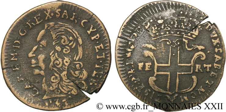 DUCHY OF SAVOY - CHARLES-EMMANUEL III 5 sols, 3e type (5 soldi), faux d’époque XF/VF