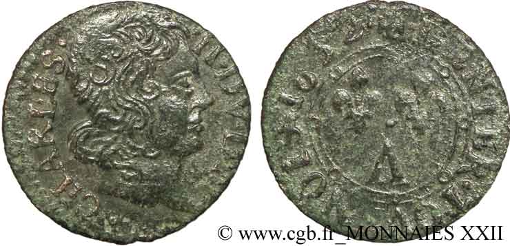 ARDENNES - PRINCIPAUTÉ SOUVERAINE D ARCHES-CHARLEVILLE - CHARLES II DE GONZAGUE Denier tournois, type 2 TB+
