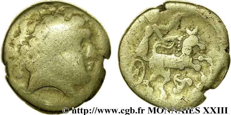 GALLIA - ARVERNI (Región de Clermont-Ferrand) Quart de statère d’or au triskèle, imitation du type de Philippe BC/BC+