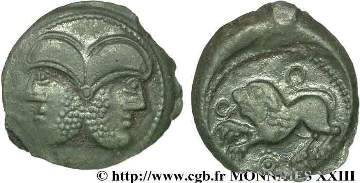 GALLIEN - BELGICA - SUESSIONES (Region die Soissons) Bronze à la tête janiforme, classe I VZ/SS