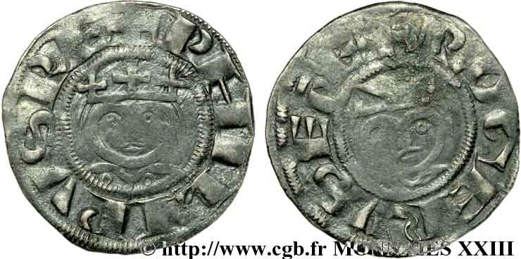 FELIPE II  AUGUSTUS  Y ROGER II OF ROSOI Denier c. 1180-1201 Laon BC+