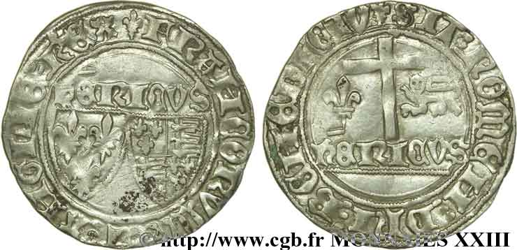 HENRY VI DE LANCASTRE - ROI DE FRANCE (1422-1453) - ROI D ANGLETERRE (1422-1461) et (1470-1471) Blanc aux écus 23/11/1422 Saint-Lô TTB+/TTB