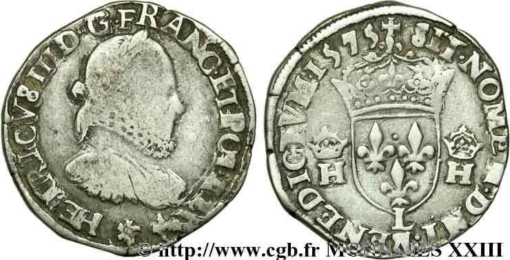 HENRI III Teston 3e type, col fraisé 1575 Bayonne TB+