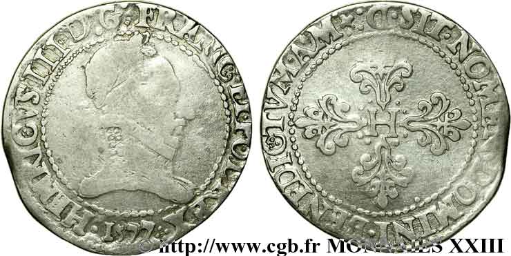 HENRI III Franc au col plat 1577 Lyon TB/TB+