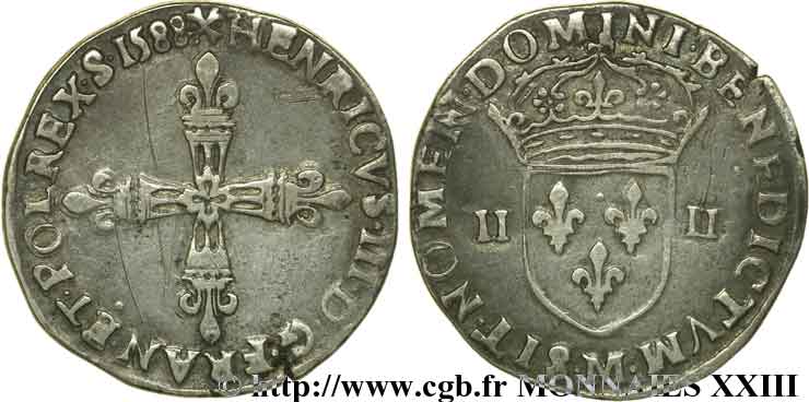HENRI III Quart d écu, croix de face 1588 Toulouse TTB