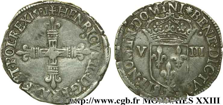 HENRY III Huitième d écu, croix de face 1581 Nantes MBC