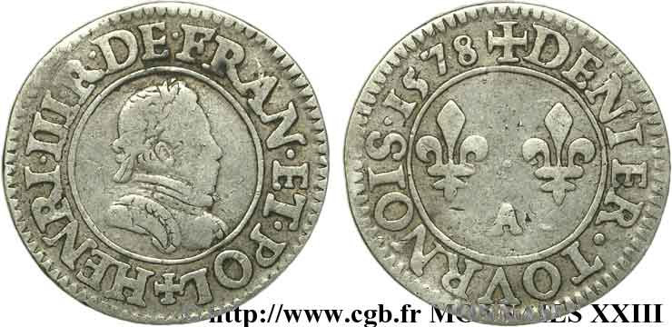 HENRY III Essai en argent du denier tournois, 1er type de Paris 1578 Paris fSS