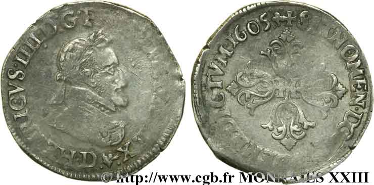 HENRI IV LE GRAND Demi-franc, type de Lyon 1605 Lyon TB+