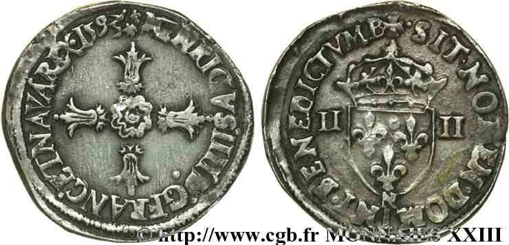 HENRI IV LE GRAND Quart d écu, croix feuillue de face 1593 Montpellier TTB+