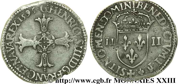 HENRI IV LE GRAND Quart d écu, croix feuillue de face 1595 Lyon TTB