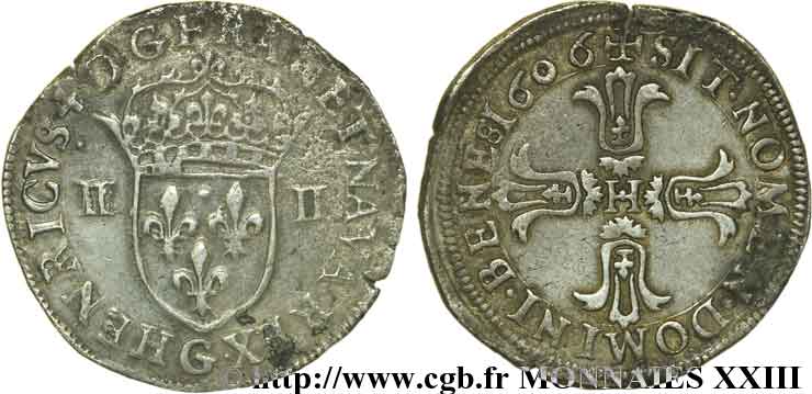HENRI IV LE GRAND Quart d écu, écu de face, 3e type 1606 Poitiers TB+/TTB