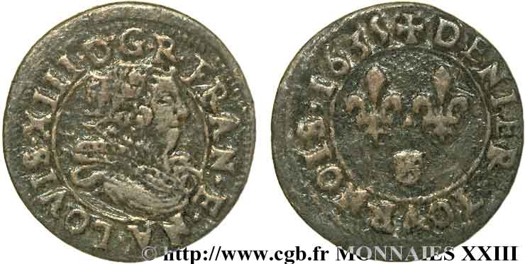 LOUIS XIII LE JUSTE Denier tournois de Navarre 1635 Saint-Palais TB+