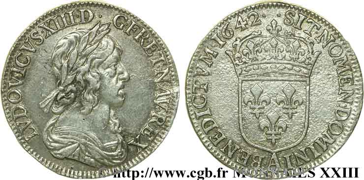 LOUIS XIII LE JUSTE Quart d écu d argent, 3e type, 2e poinçon de Warin 1642 Paris TTB