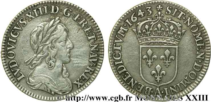 LOUIS XIII LE JUSTE Douzième d écu, 3e type, 2e poinçon de Warin 1643 Paris, Monnaie de Matignon TTB/TTB+