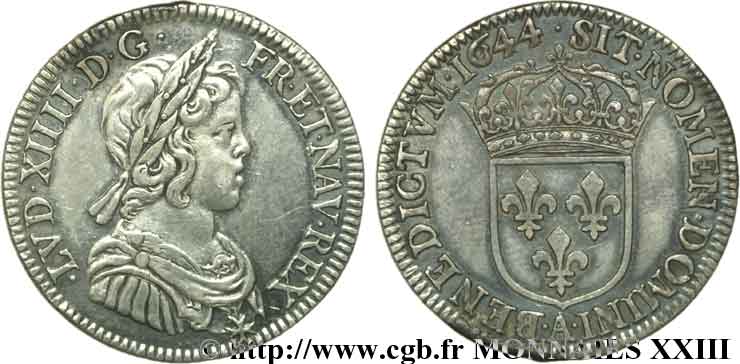 LOUIS XIV &nbsp;THE SUN KING&nbsp; Quart d&nbsp;écu à la mèche courte 1644 Paris, Monnaie du Louvre AU
