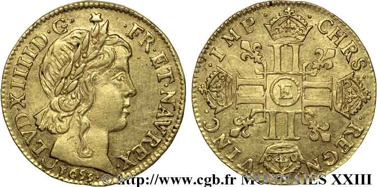 LOUIS XIV  THE SUN KING  Louis d’or aux huit L, portrait à la mèche longue 1653 Tours q.SPL