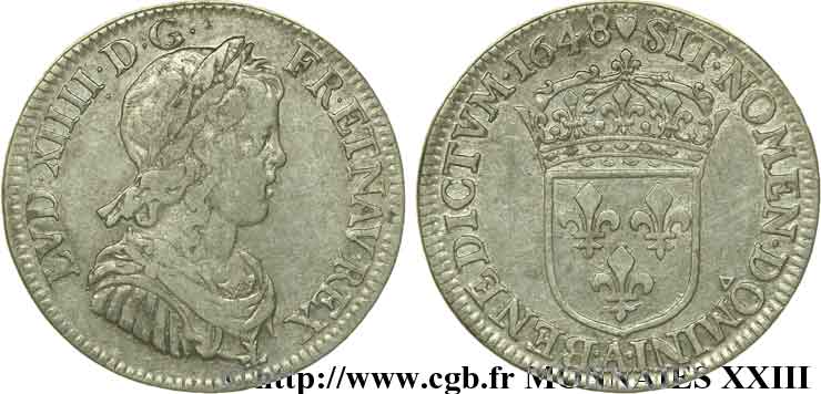 LOUIS XIV  THE SUN KING  Quart d écu à la mèche longue 1648 Paris fSS/SS