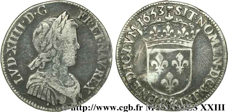 LOUIS XIV  THE SUN KING  Quart d écu à la mèche longue 1653 Aix-en-Provence VF