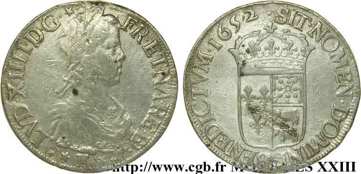 LOUIS XIV  THE SUN KING  Écu à la mèche longue de Béarn 1652 Pau BC+