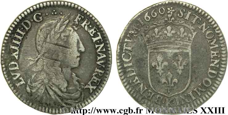 LOUIS XIV LE GRAND OU LE ROI SOLEIL Douzième d&nbsp;écu au buste juvénile, 1er type 1660 Bordeaux TB+