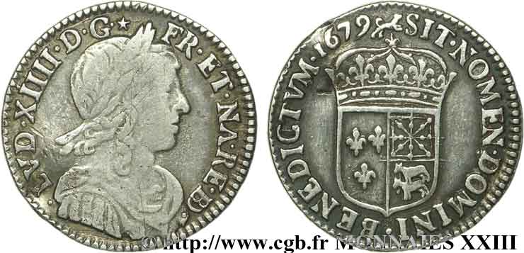 LOUIS XIV LE GRAND OU LE ROI SOLEIL Douzième d écu à la mèche longue de Béarn 1679 Pau TTB/TTB+