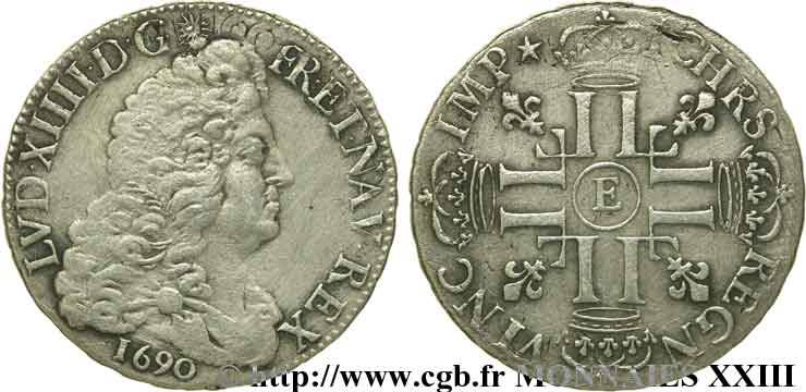 LOUIS XIV LE GRAND OU LE ROI SOLEIL Demi-écu aux huit L, 1er type, 2e buste 1690 Tours TTB