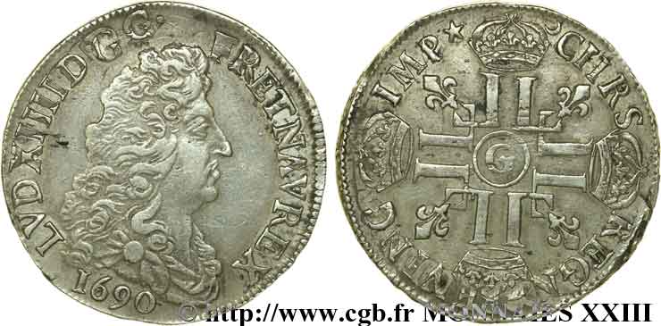 LOUIS XIV LE GRAND OU LE ROI SOLEIL Demi-écu aux huit L, 1er type, 2e buste 1690 Poitiers TTB