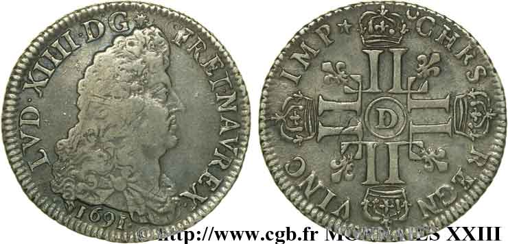 LOUIS XIV &nbsp;THE SUN KING&nbsp; Quart d&nbsp;écu aux huit L, 3e type, (type transitoire) 1691 Lyon SS