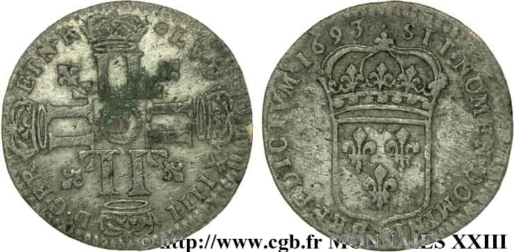 LOUIS XIV LE GRAND OU LE ROI SOLEIL Quinzain aux huit L 1693 Lyon TTB
