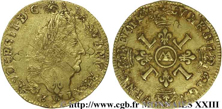 LOUIS XIV  THE SUN KING  Louis d or aux quatre L 1694 Metz VF