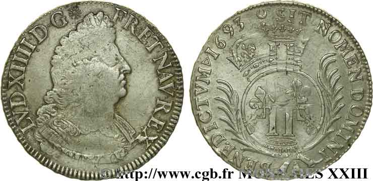 LOUIS XIV LE GRAND OU LE ROI SOLEIL Écu aux palmes 1693 Paris TB