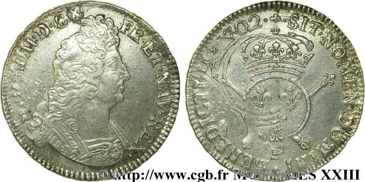 LOUIS XIV  THE SUN KING  Écu aux insignes 1702 Dijon BC+/MBC