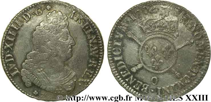 LOUIS XIV  THE SUN KING  Demi-écu aux insignes 1702 Riom VF