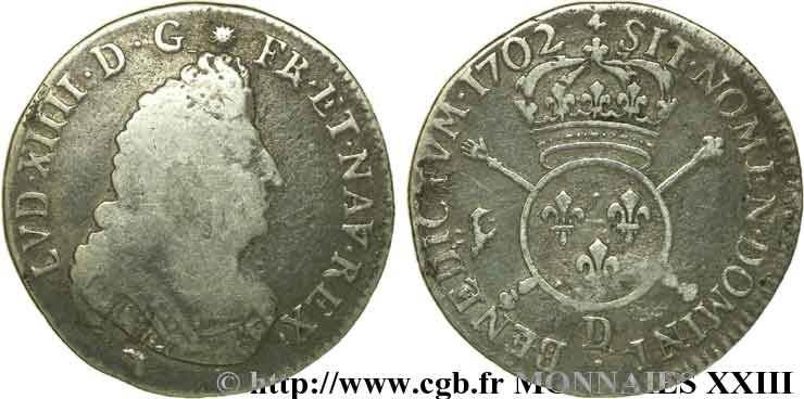 LOUIS XIV &nbsp;THE SUN KING&nbsp; Quart d&nbsp;écu aux insignes 1702 Lyon VF