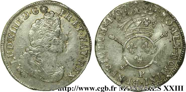 LOUIS XIV LE GRAND OU LE ROI SOLEIL Quart d&nbsp;écu aux insignes 1702 Dijon TB+/TTB