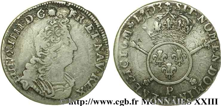 LOUIS XIV  THE SUN KING  Douzième d écu aux insignes, buste du type aux palmes 1703 Dijon VF/XF
