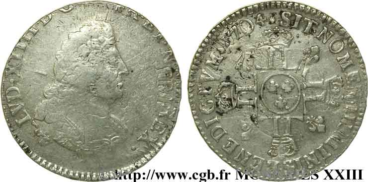 LOUIS XIV  THE SUN KING  Demi-écu aux huit L, 2e type 1704 Reims F/VF