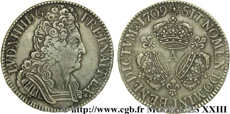 LOUIS XIV &nbsp;THE SUN KING&nbsp; Écu aux trois couronnes 1709 Paris XF