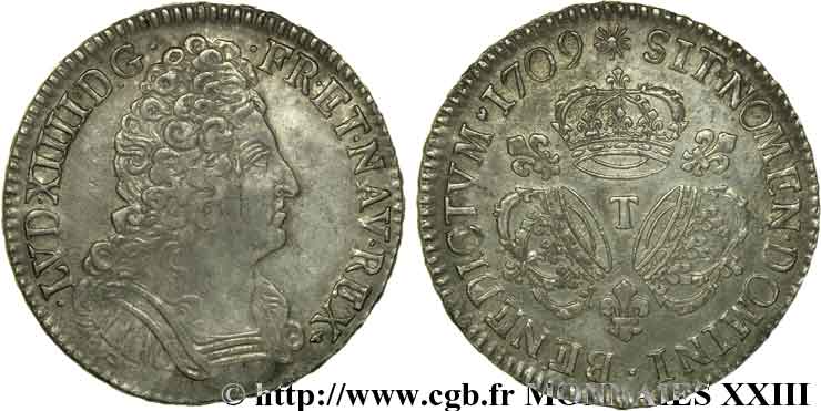 LOUIS XIV  THE SUN KING  Écu aux trois couronnes 1709 Nantes XF/AU