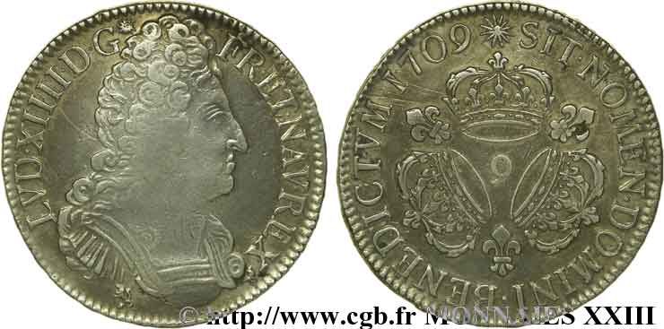 LOUIS XIV LE GRAND OU LE ROI SOLEIL Écu aux trois couronnes 1709 Rennes TB+/TTB