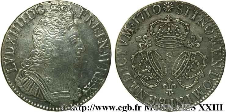 LOUIS XIV  THE SUN KING  Écu aux trois couronnes 1710 Reims VF/VF