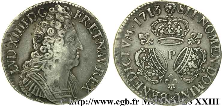 LOUIS XIV  THE SUN KING  Écu aux trois couronnes 1713 Dijon XF